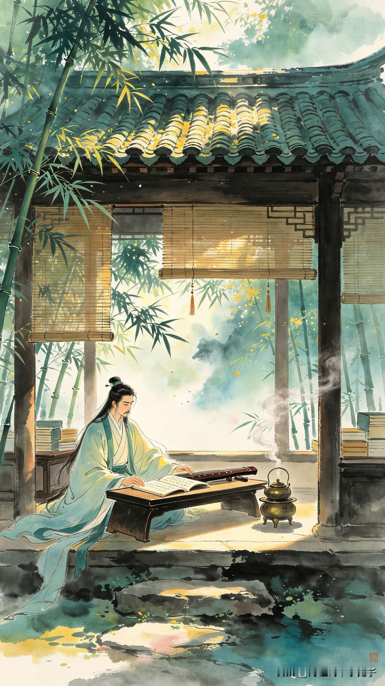 瓦屋茶烟午梦轻，
竹风时送读书声。
闲中漫理琴书趣，
      
…………请师