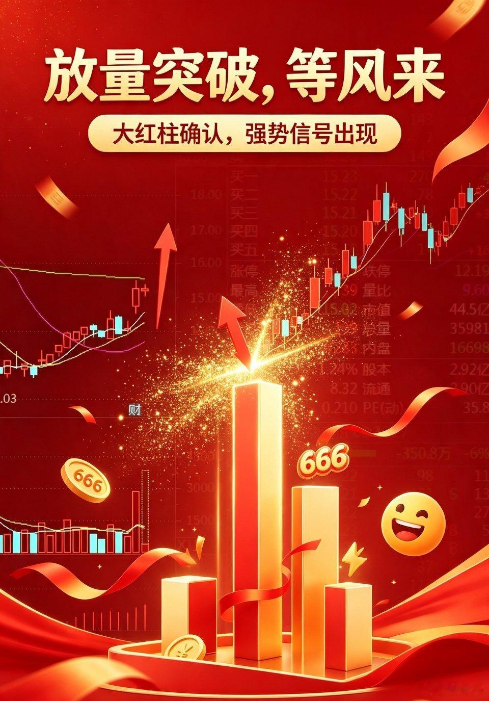 一根放量大红柱拔地而起，资金主动进攻信号打出来，静待冲击涨停！K线摆脱前期震荡区