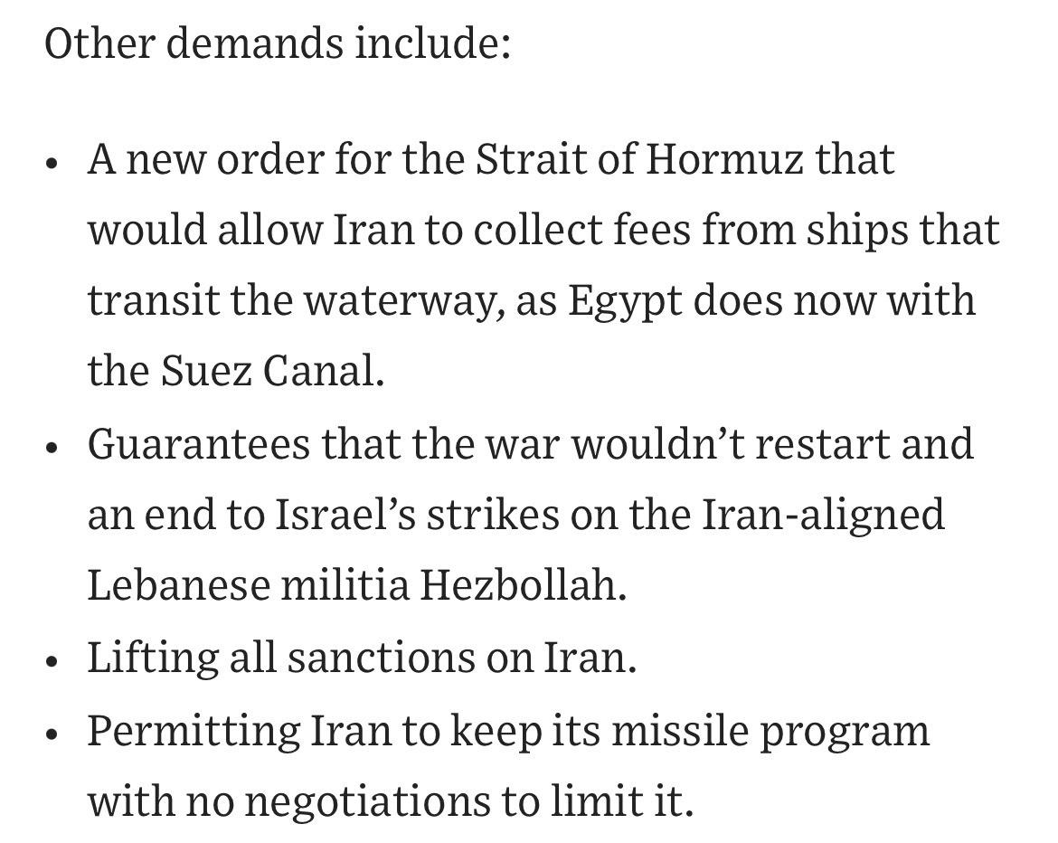伊朗刚刚给特朗普政府开出了4个停火条件：

1，霍尔木兹海峡要归他们管。 
2，