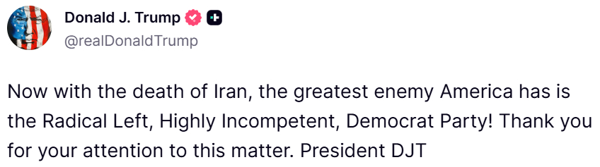 【“敌人在内部”，#特朗普称美国最大的敌人是民主党#】在伊朗战事日益焦灼之时，美