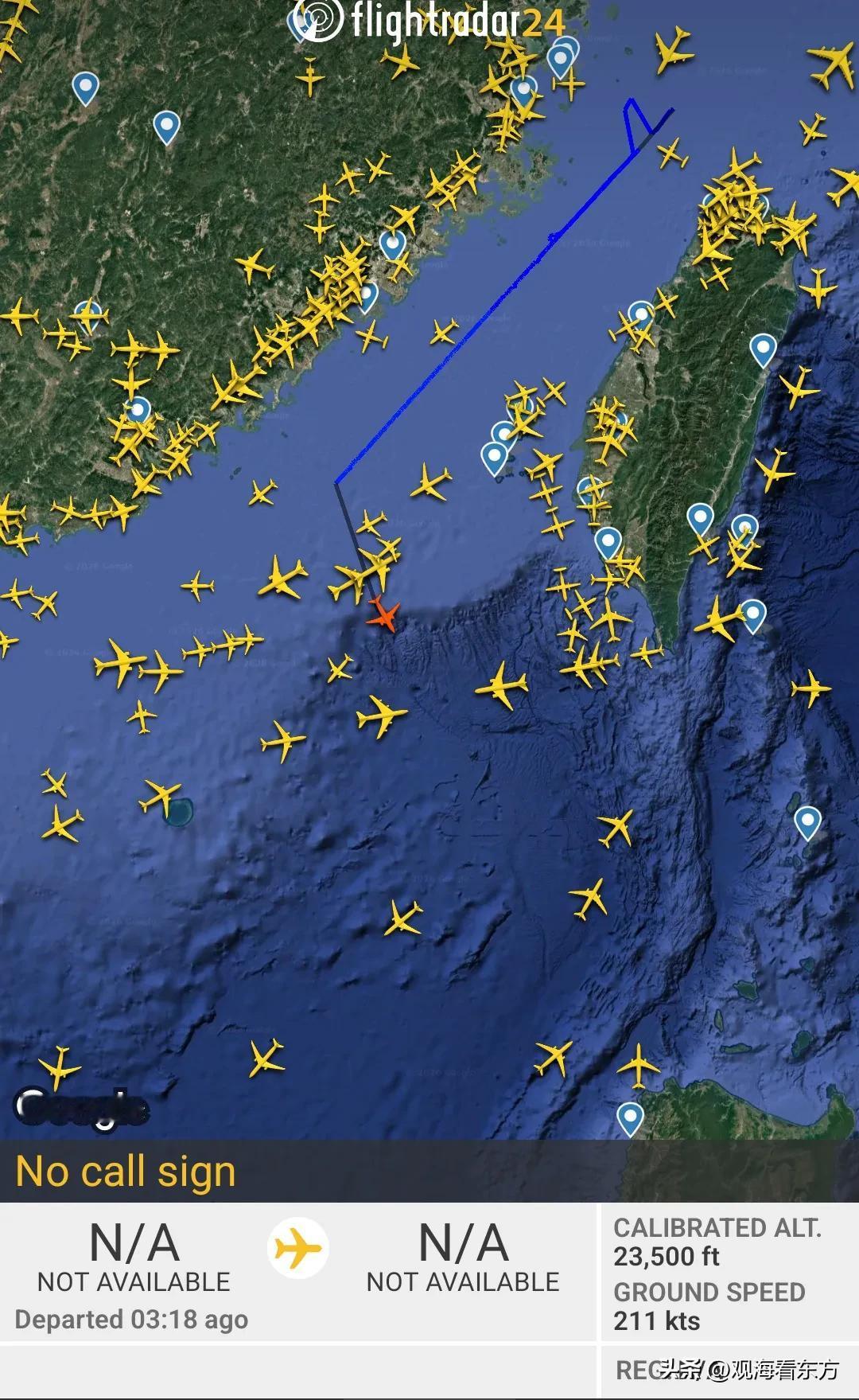 图一，根据飞行跟踪软件公开消息：一架不明国籍，不明机型的侦察机在台湾海峡徘徊后，