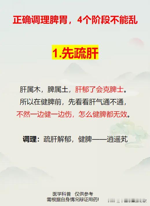 正确调理脾胃，4个阶段不能乱。

1、疏肝
2、祛湿
3、健脾
4、补气血
#脾