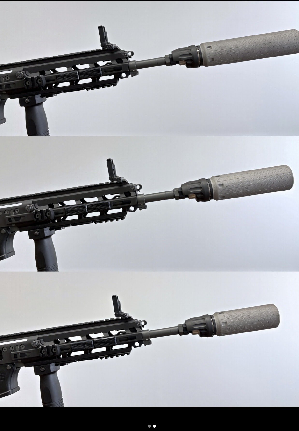 日本自卫队20式突击步枪配备的三种消音器，消音器根据长度不同，其性能也有所差异：