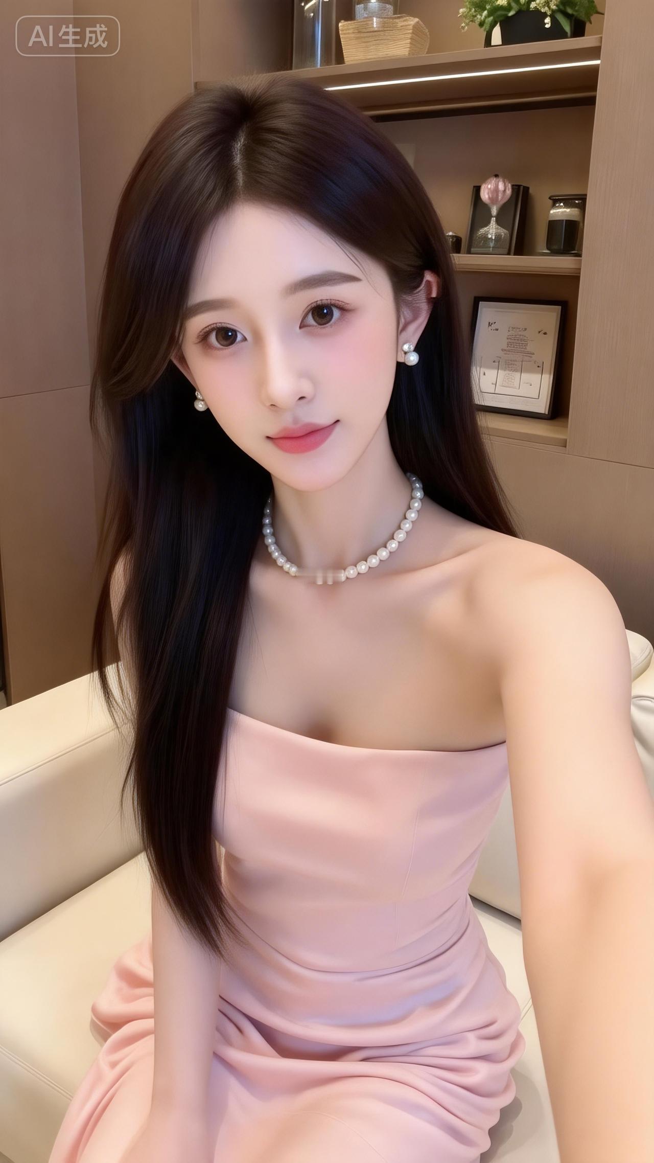 温柔到骨子里的粉裙美人
 
裸粉抹胸裙衬得肌肤像裹了层柔光，珍珠项链+耳饰刚好添