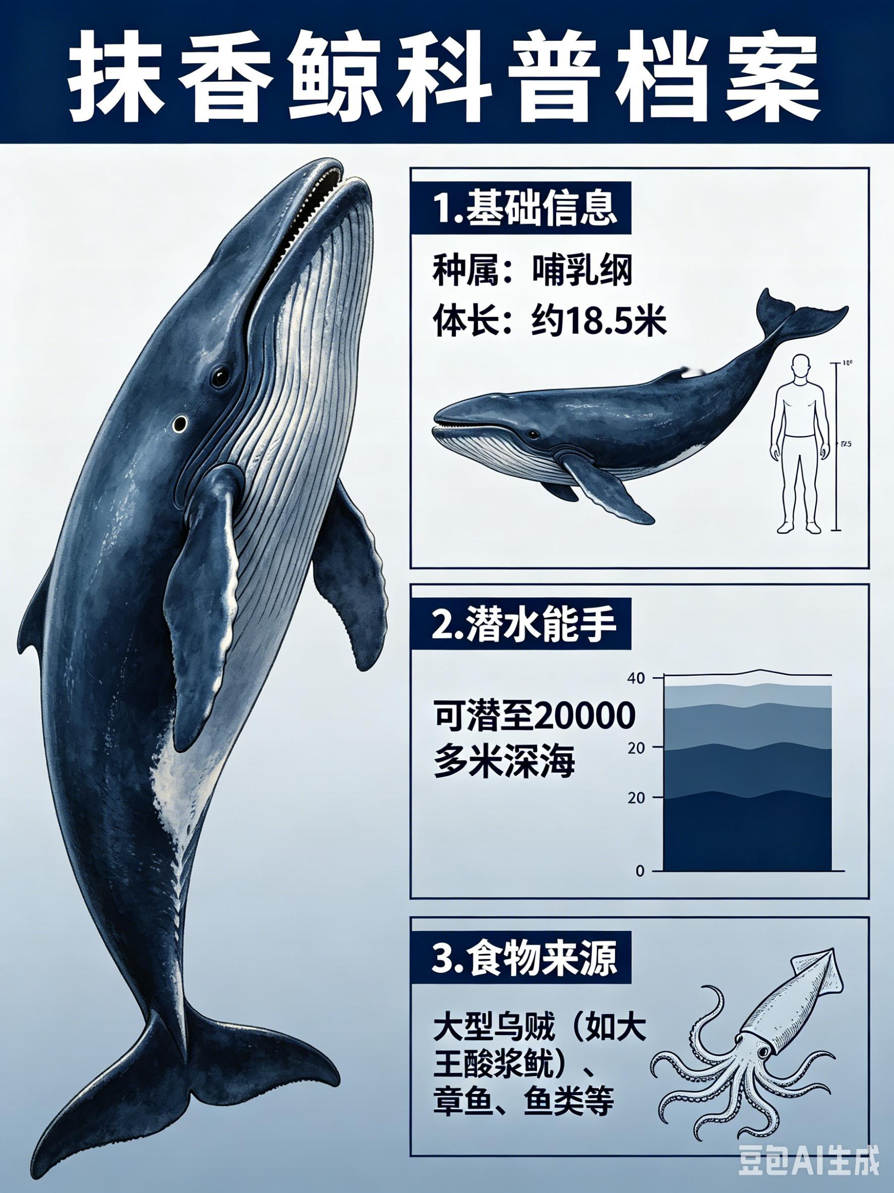 海洋朋友圈 抹香鲸海洋档案种　属：哺乳纲体　长：约18.5米食　物：大型乌贼、章