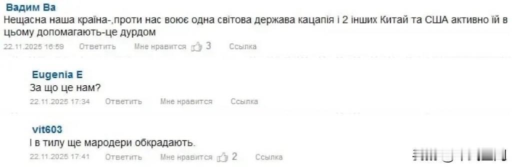 乌克兰网友抱怨：世界另外两个大国，为什么都站在俄罗斯一边。
美国提出的28条和平