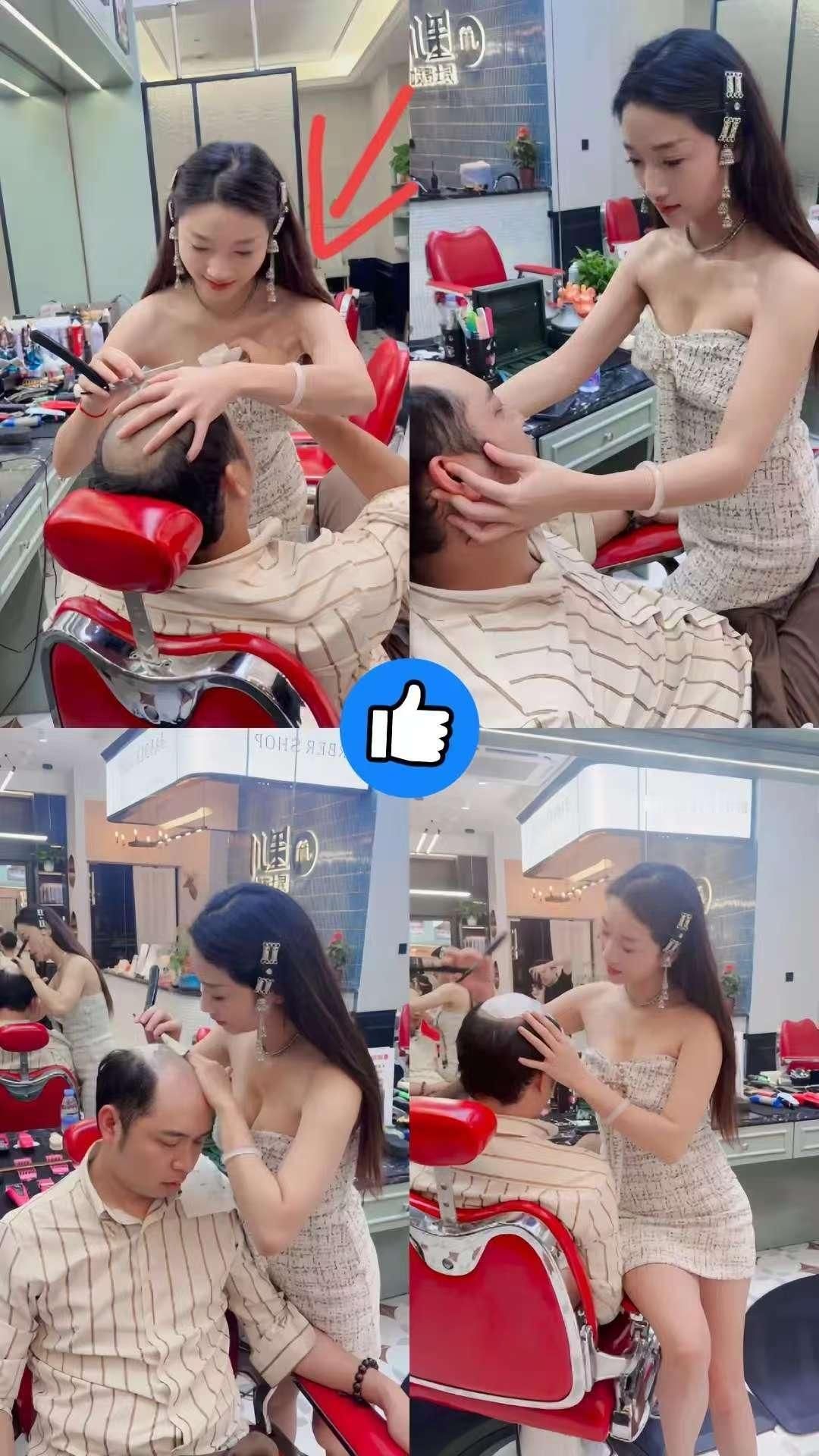 这家理发店生意火爆
到排队，
原来秘密在这！
美女造型师穿得精致，
却专心给顾客