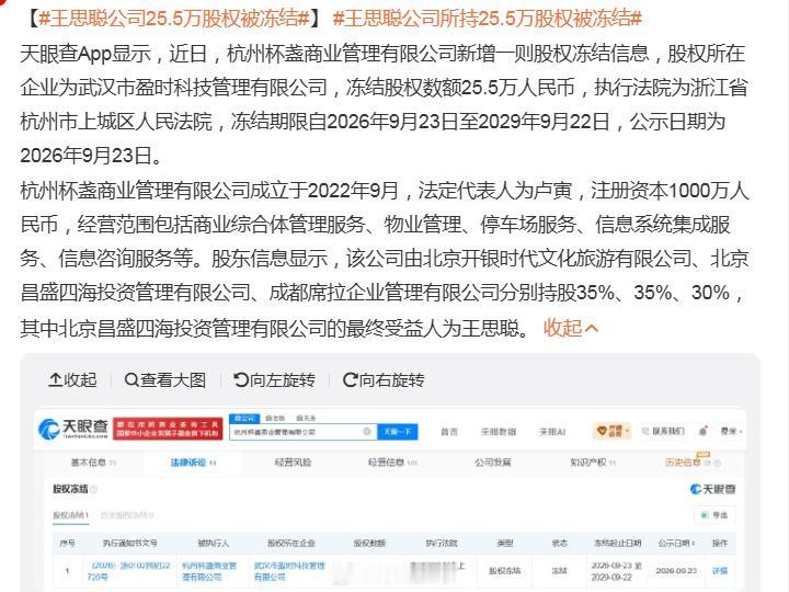 王思聪在国内的股权又被冻结了
这次被冻结的股份数量是25.5万股，真的是挺庞大的