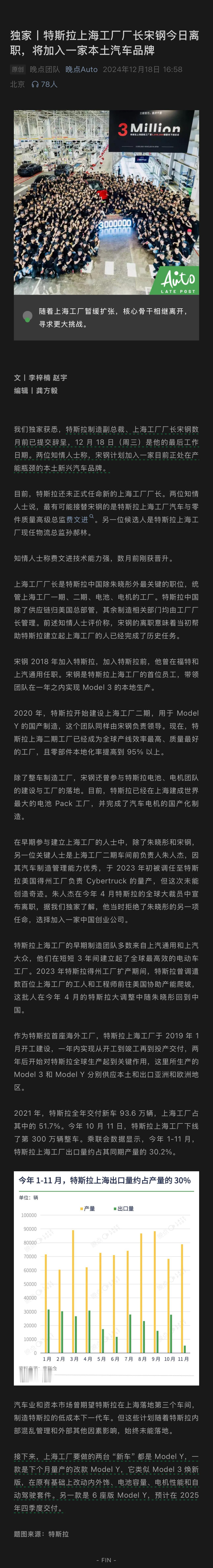 特斯拉上海工厂厂长宋钢今日离职，将加入一家本土汽车品牌，该品牌目前正处在产能瓶颈
