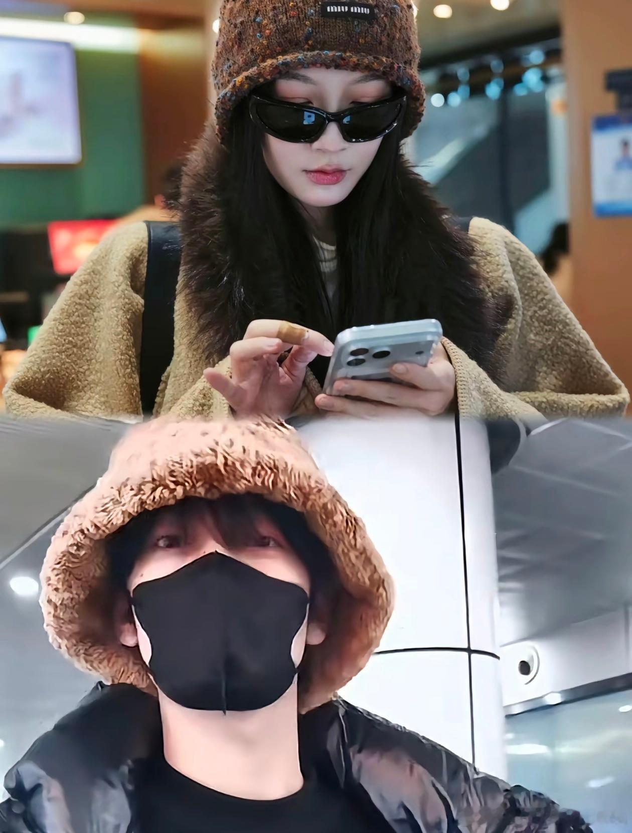 恩小情侣分开进组是这样的一个是要戴他的墨镜一个是要戴她的帽子没有阿贝贝真不行呀 