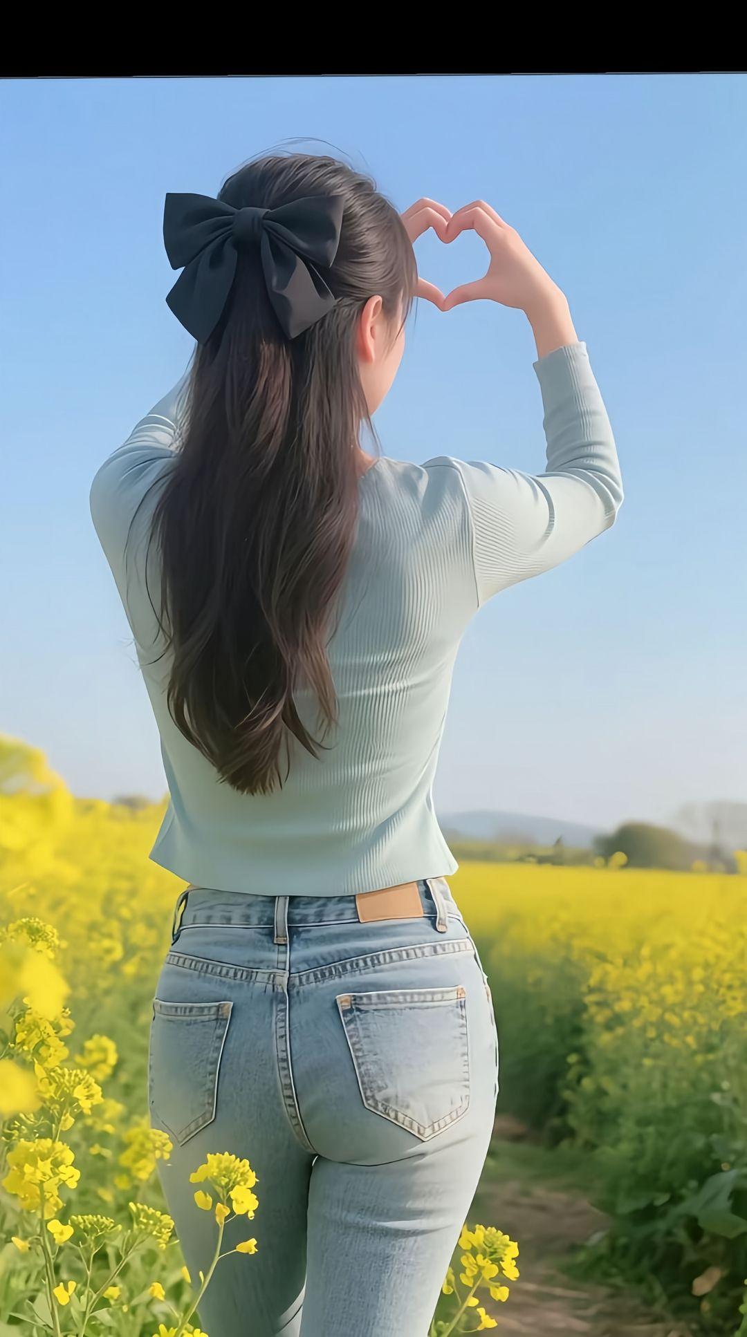 女孩在花田里摆爱心手势。