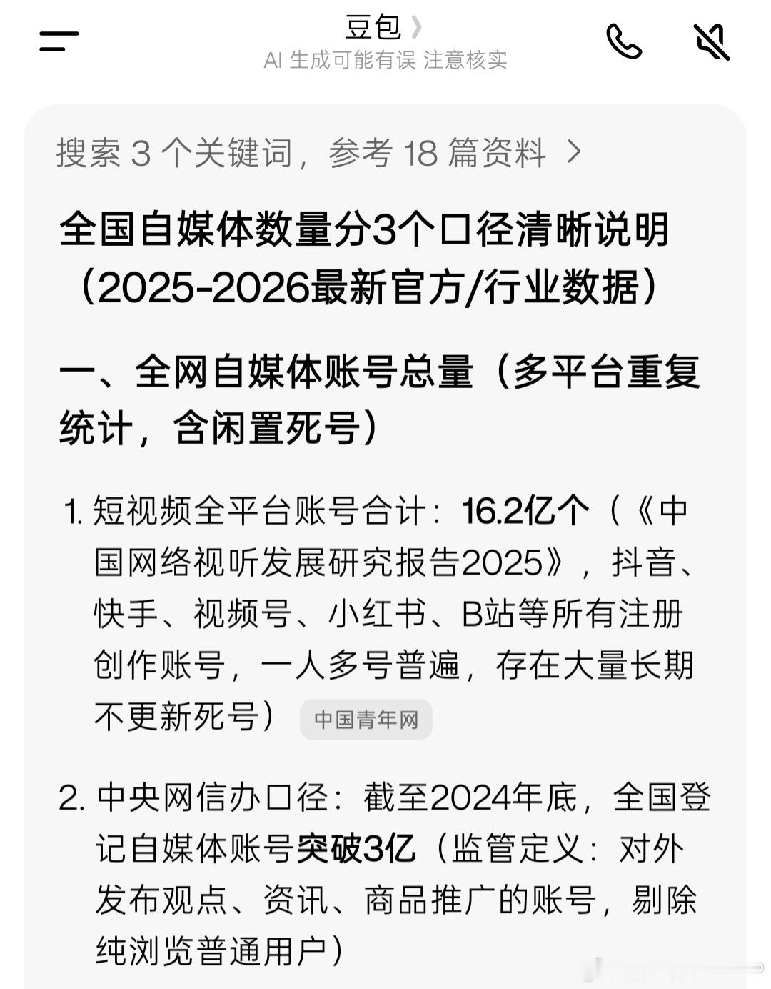 不建议大家辞职去做自媒体豆包了一下，注意几个数据账号综合、全职垂类、5000以上