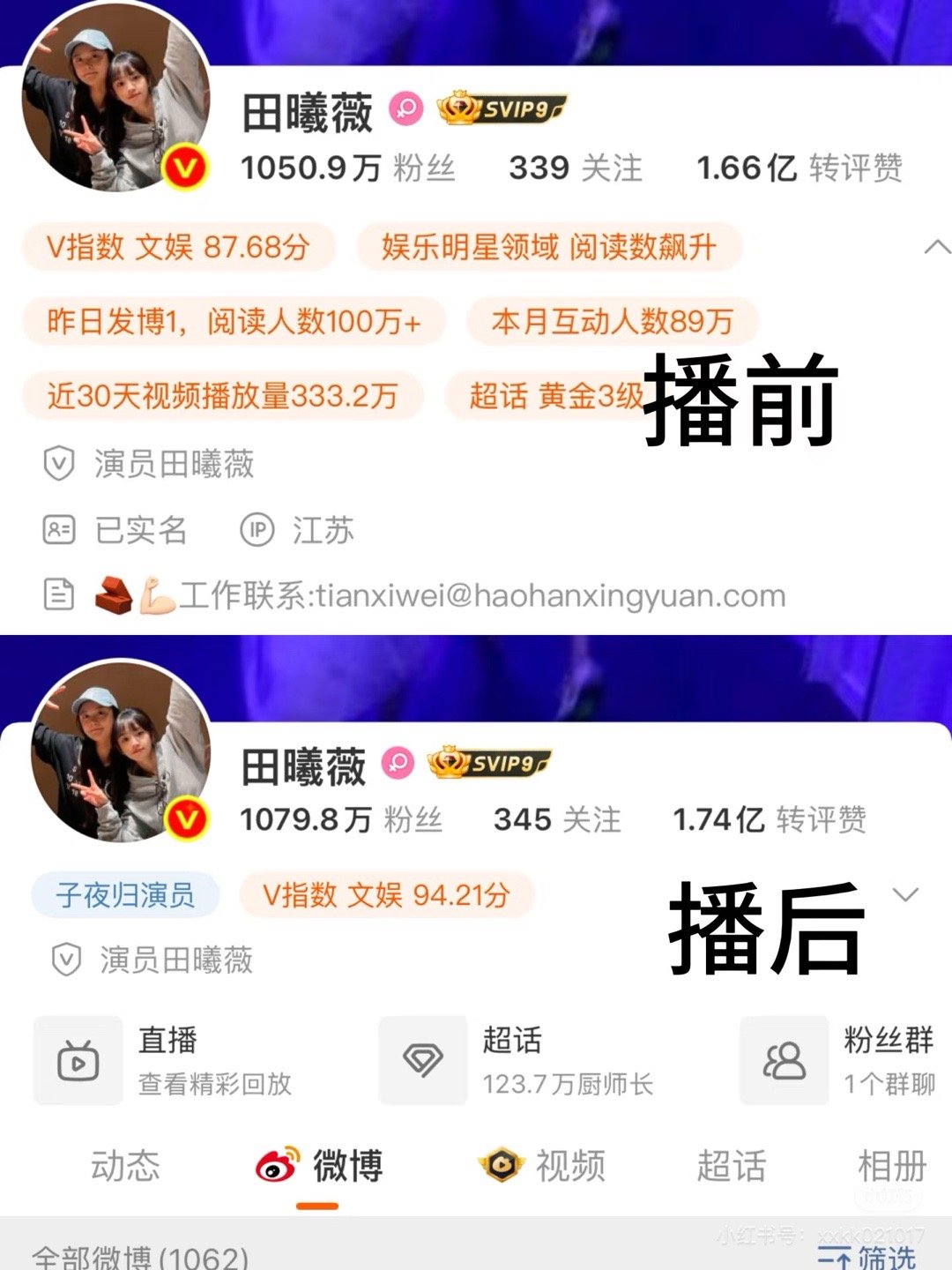 田曦薇子夜归开播前后各平台数据对比，加成不大啊[傻眼] ​​​