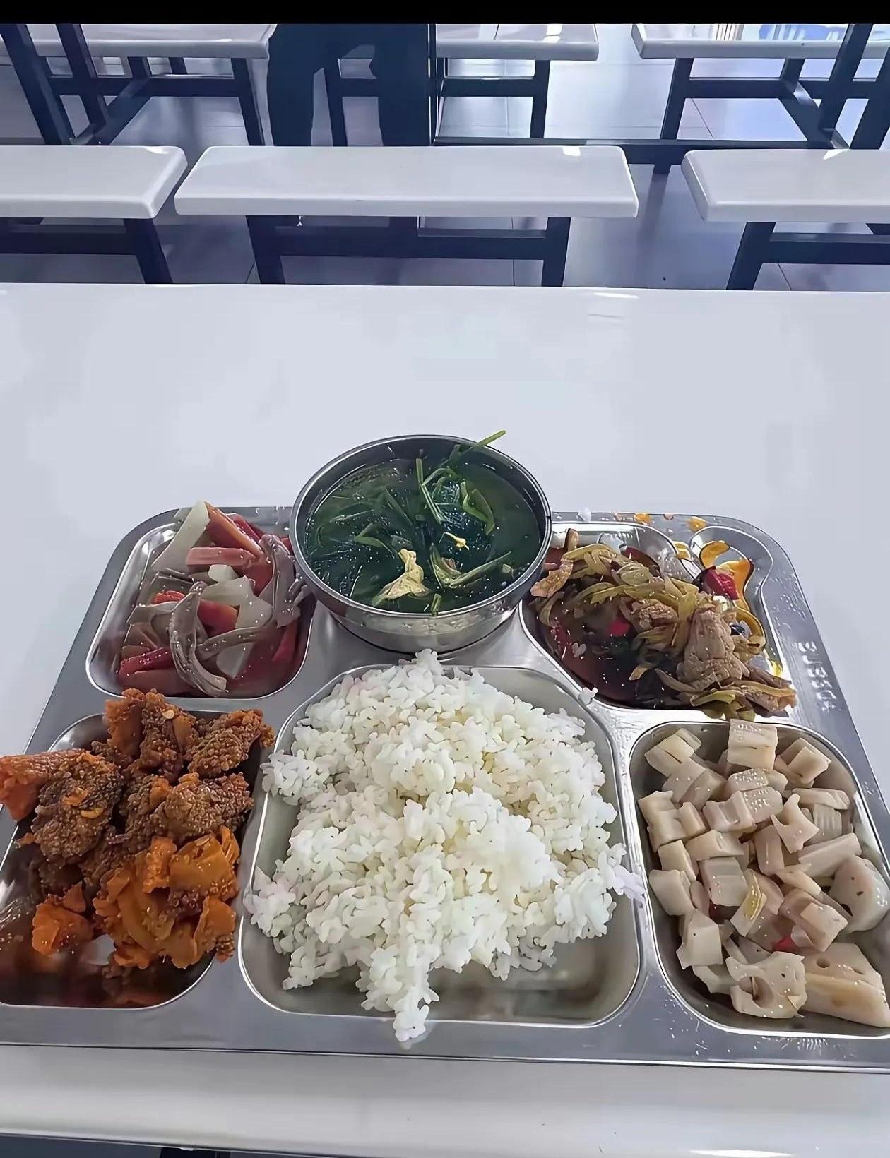 食堂这一顿8块钱，到底贵不贵？
我刚把盘子端上桌就愣了：一个荤菜、两个素菜，米饭