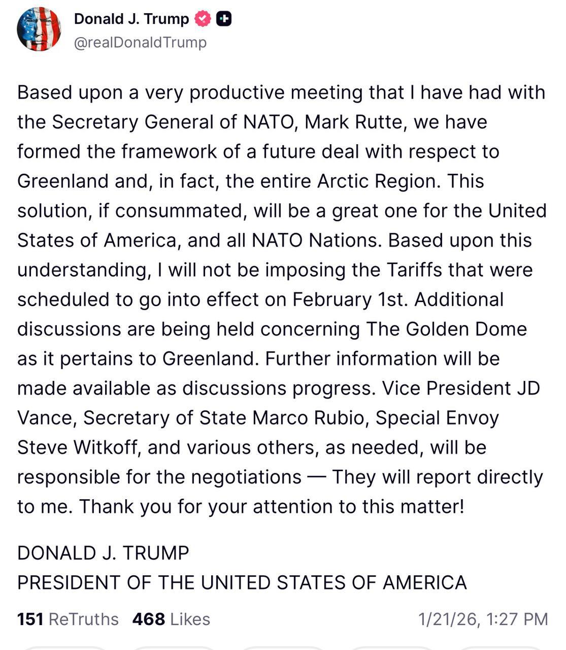 突发新闻——特朗普称就格陵兰岛事宜达成“未来协议框架”，不会对欧洲国家加征额外关