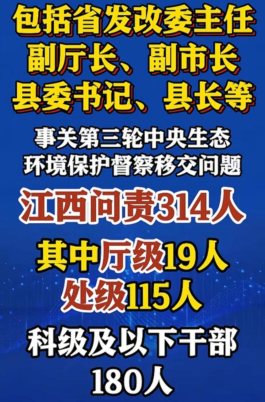 江西动真格！314人被追责，19名厅级干部在列，问题直指两大顽疾
 
江西这次的