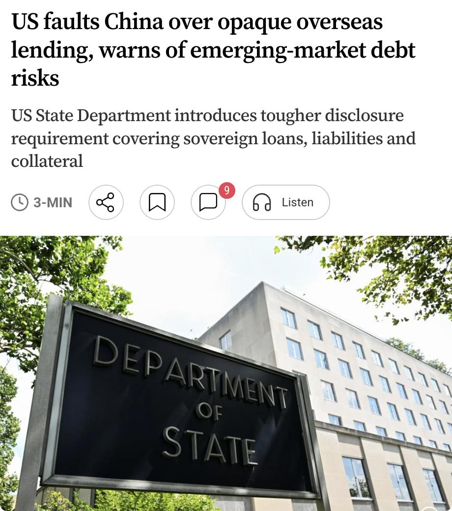 外媒：美国国务院8月12日发布的《2026财政透明度报告》指出，中国国有及民营商
