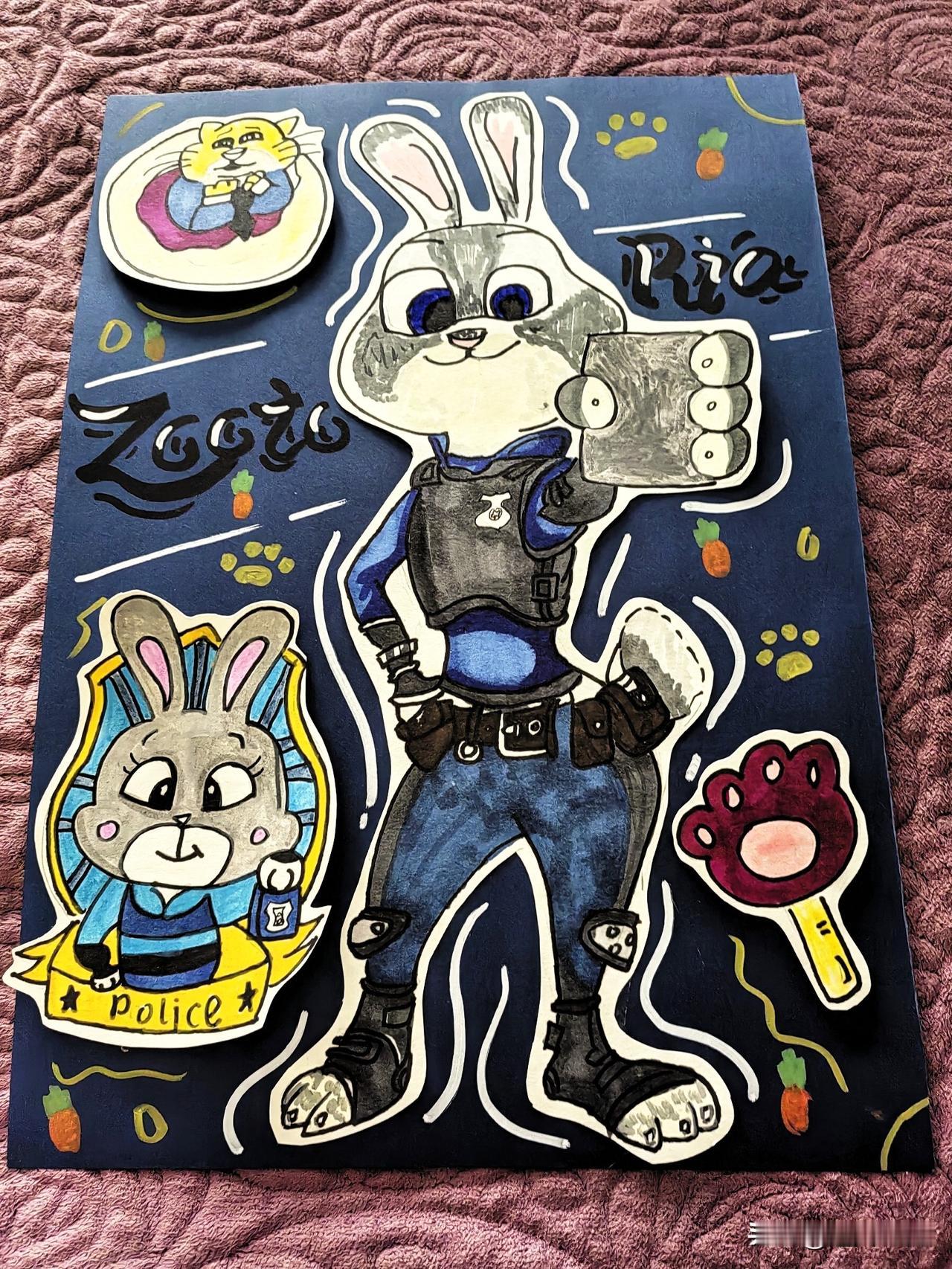 又来头条晒图了，
周五小宝画的画。

画了可爱帅气的兔子，
画的是朱迪警官。
