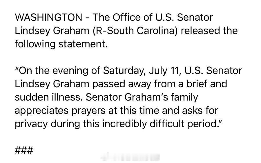 Lindsey Graham突然去世，71岁。 