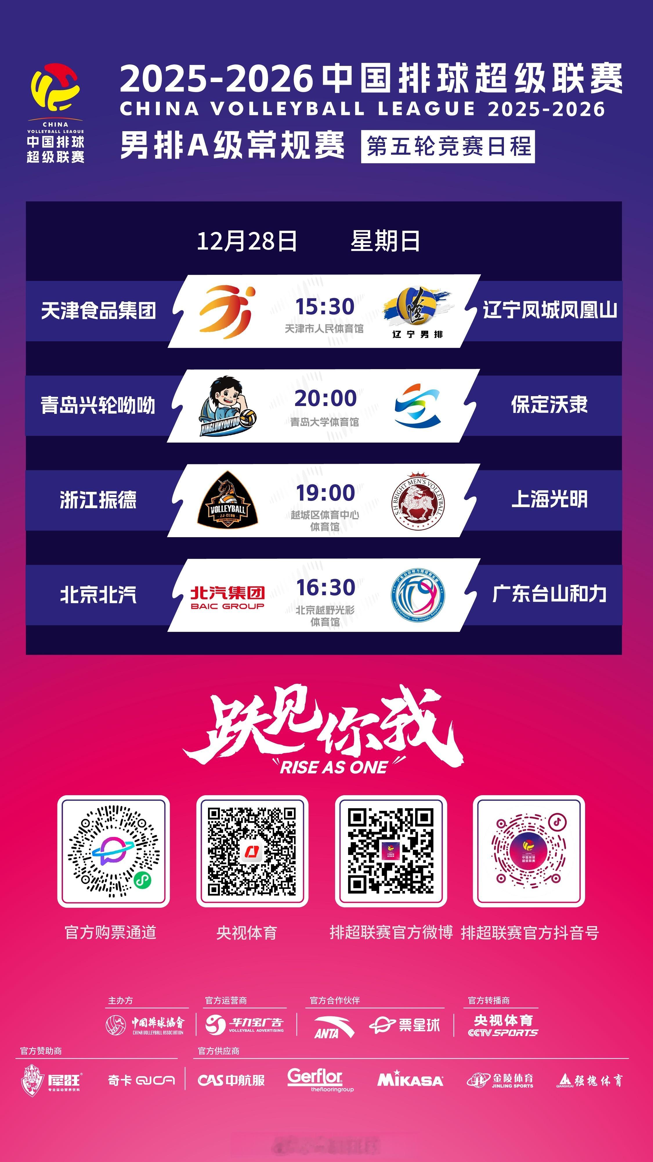 2025-2026中国男排超级联赛 A级和B级常规赛第5轮今天（12月28日）的