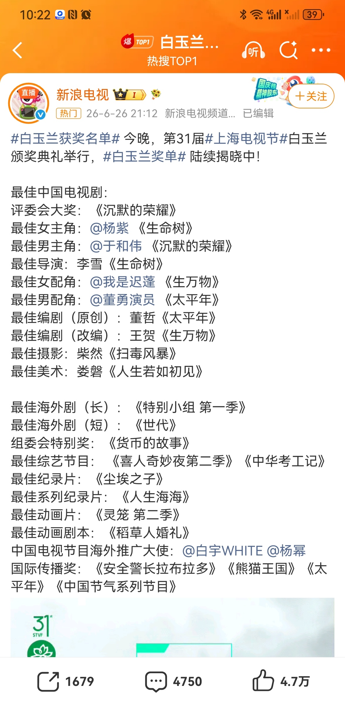 白玉兰获奖名单白玉兰内场 白天没时间看，下班了才有时间看热搜，热闹了几天的白玉兰
