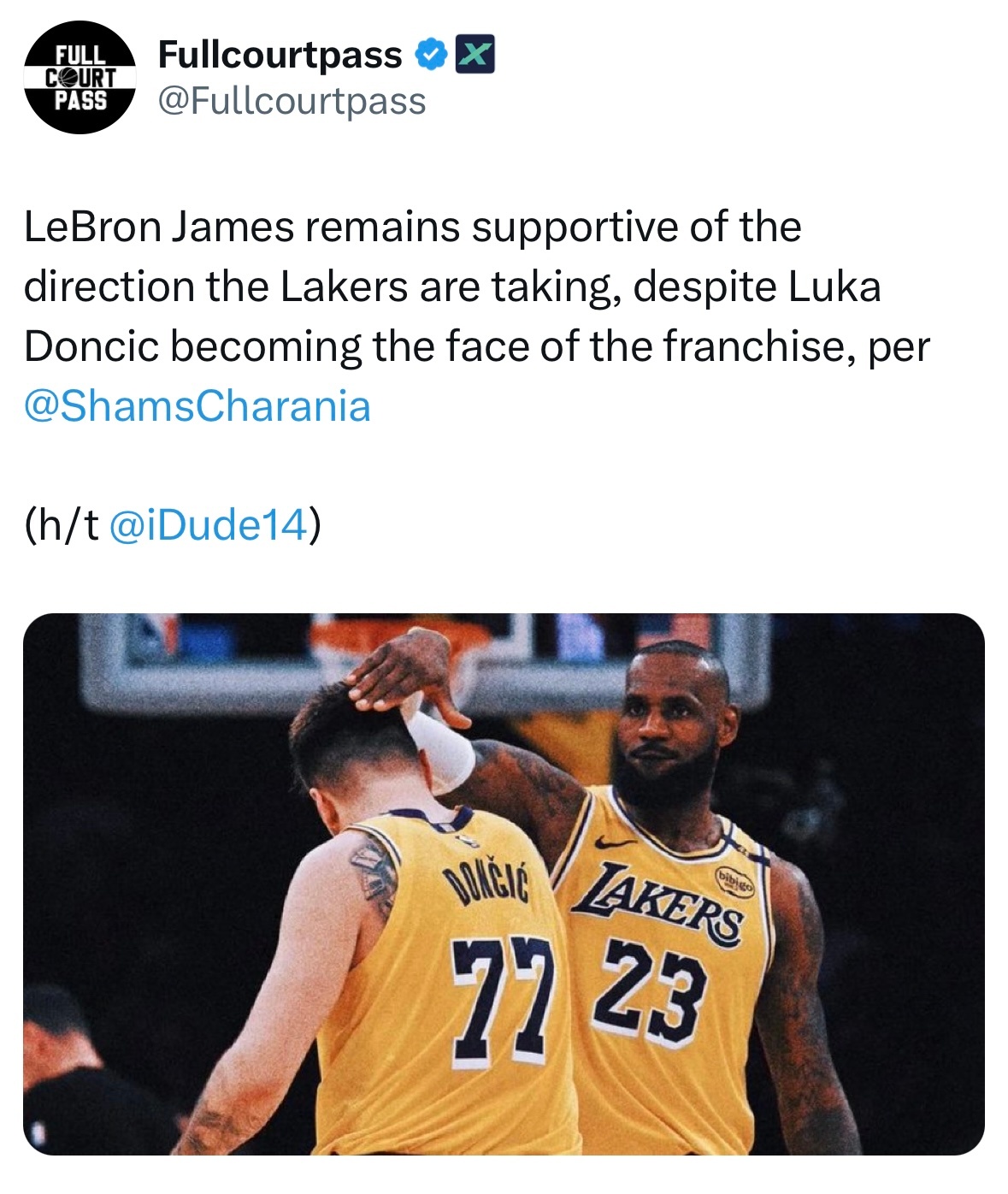 Shams：尽管东契奇已成为球队的招牌人物，詹姆斯仍对湖人队的发展方向表示支持。