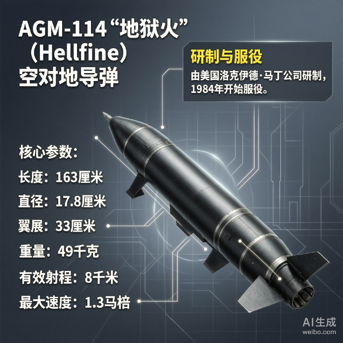 军事ai新视野 美国AGM-114“地狱火”空对地导弹长度：163厘米直径：17