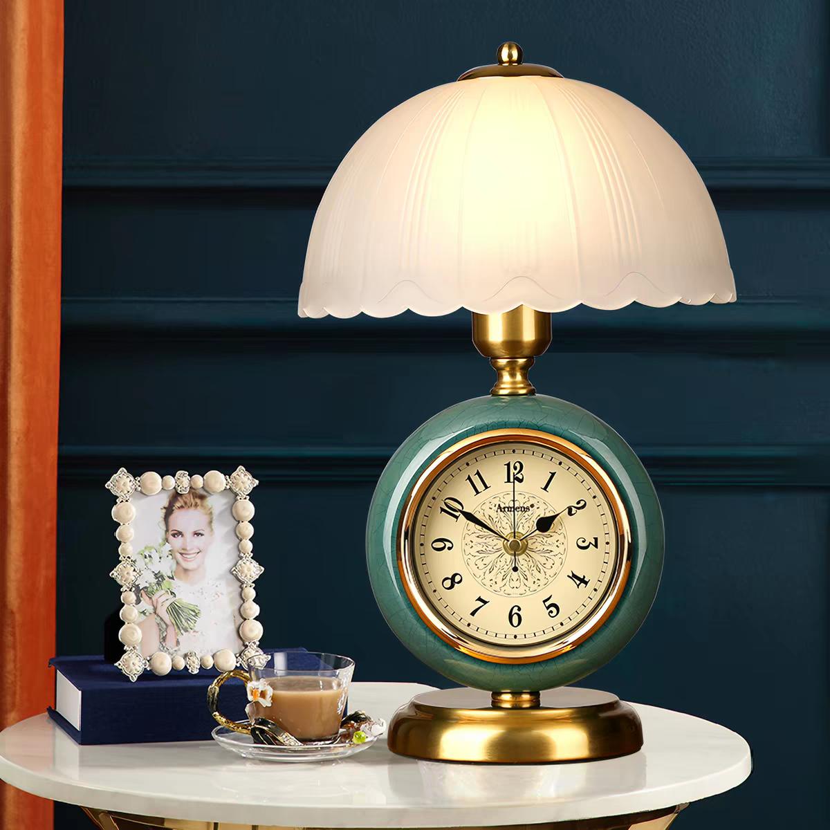 床头台灯卧室静音钟表陶瓷可调光灯欧式创意简约家用书房台灯钟表