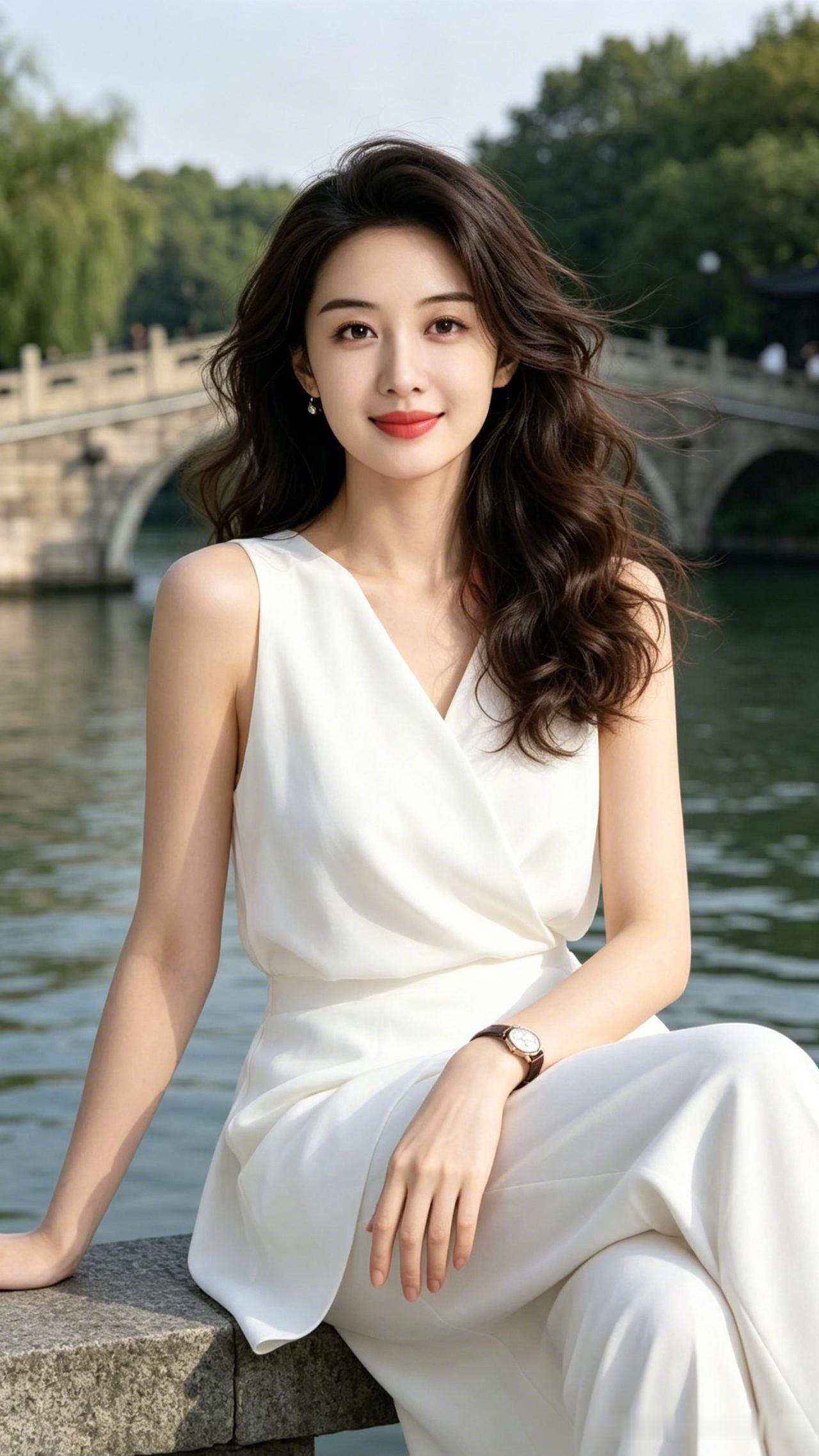 什么样的穿搭可以成为气质女神? 优雅白裙，河畔静坐，岁月静好。