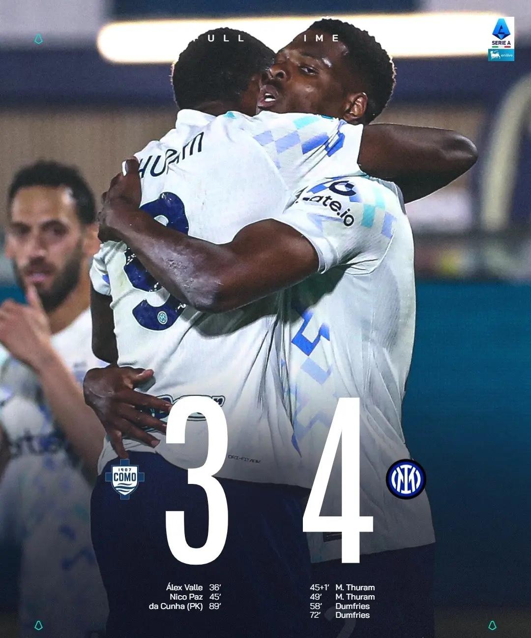 谁也挡不住！意甲第32轮国际米兰客场上演让二追四，最终4：3险胜科莫，小图拉姆和