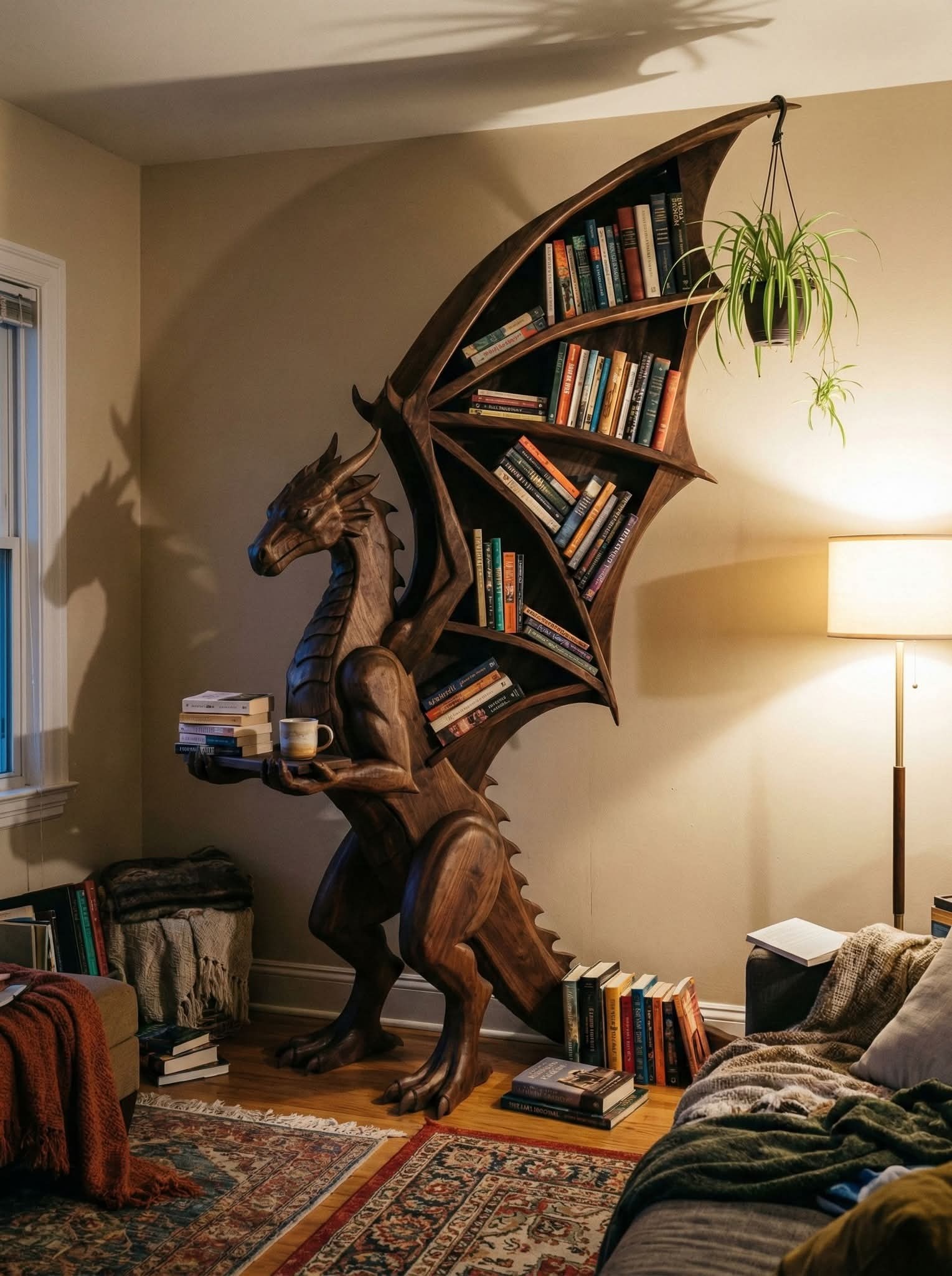 这个书架太帅了！重点是那个灯💡放得妙！把龙的影子完整打在了墙上。科学人医疗社会