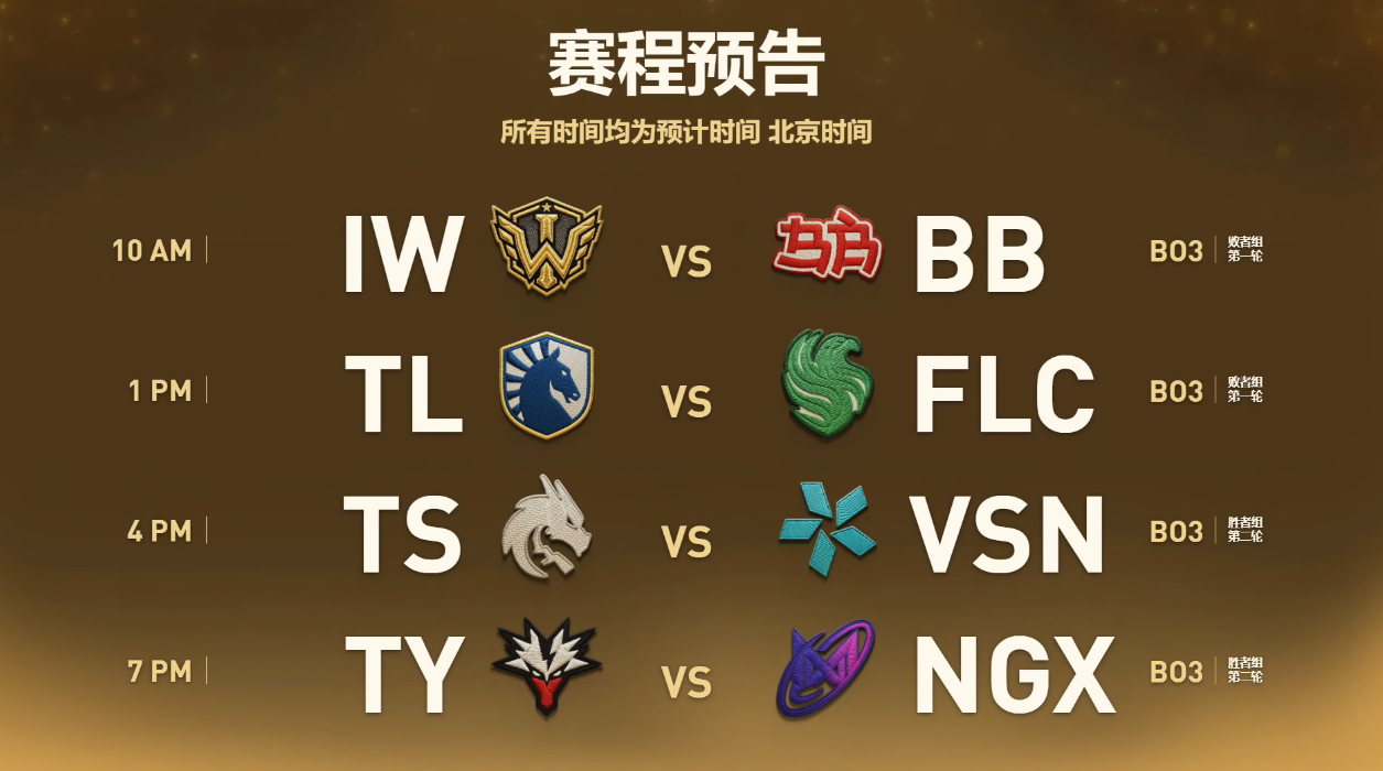 今天赛程：10：00 IW打BB13：00 TL打Falcons16：00 TS