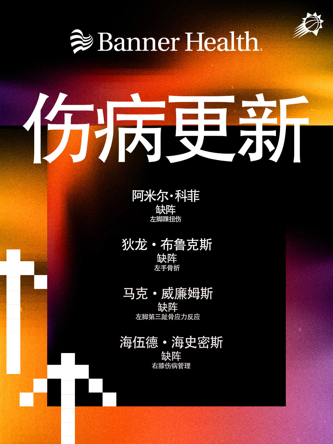 【今日伤病报告】爵士vs太阳 ❗️阿米尔·科菲 （左脚踝扭伤）—— 缺阵❗️狄龙