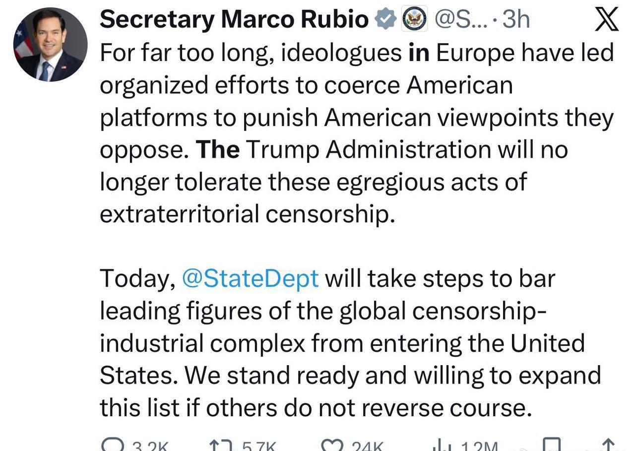 美国最近把五名欧洲人拉进了“黑名单”，禁止他们入境。理由是，这些人试图打压美国的