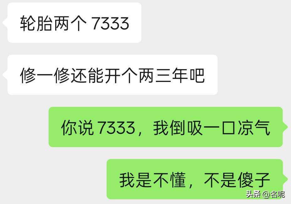今天我老公开我车去保养，说要换配件，一报价7333，两个轮胎。

我懵了，十年老