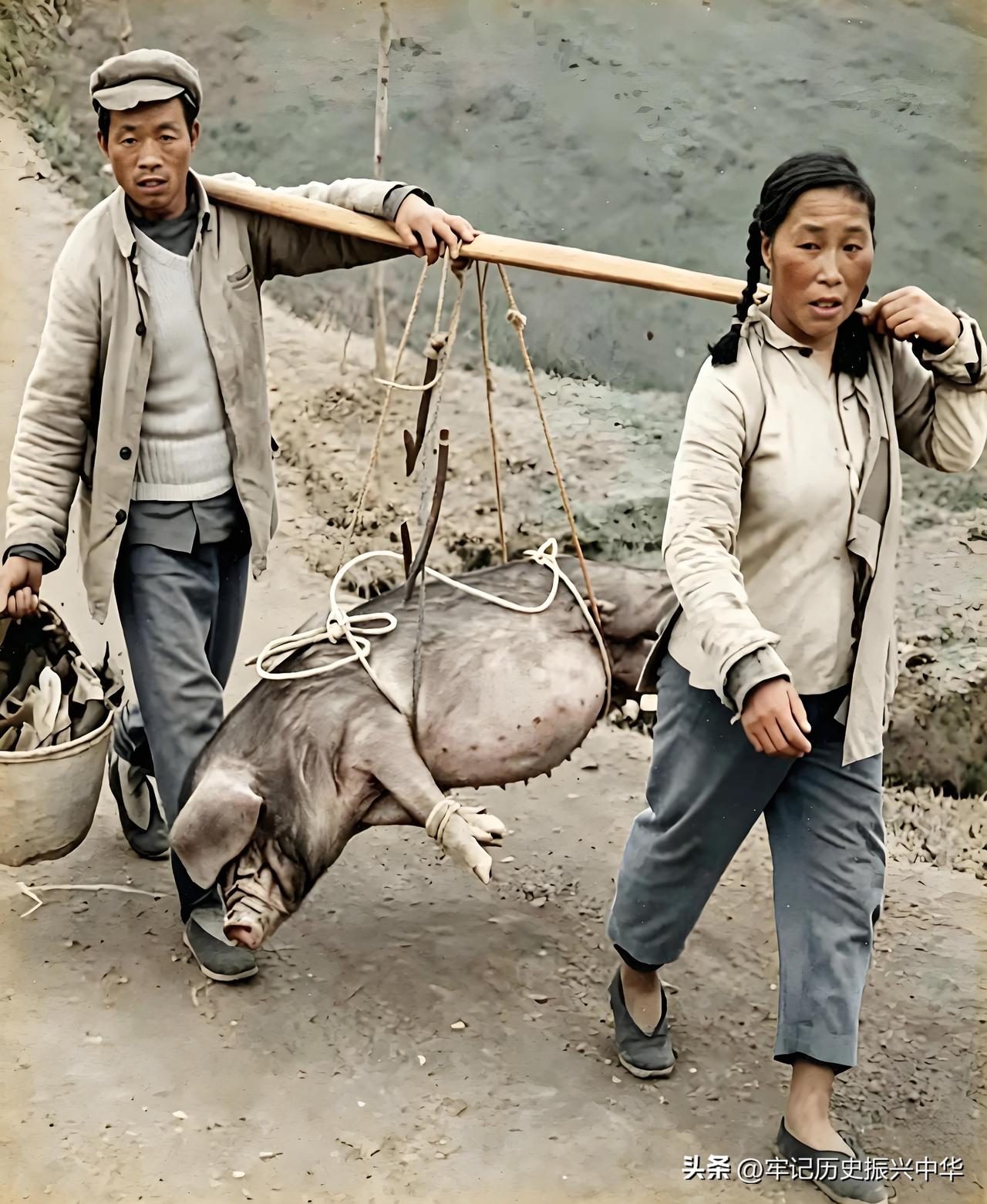 六七十年代中国农村的纪实黑白照片。
临近春节一对农民夫妻，共用一根木扁担，合力抬