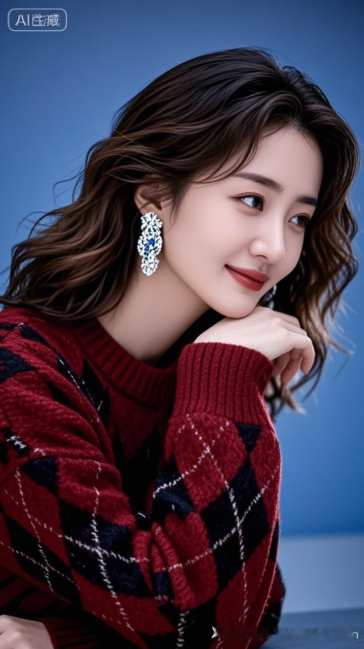 女子容貌秀丽绝美，气质优雅高贵。中长发温婉垂落，身着酒红色服饰尽显典雅，冷调蓝光