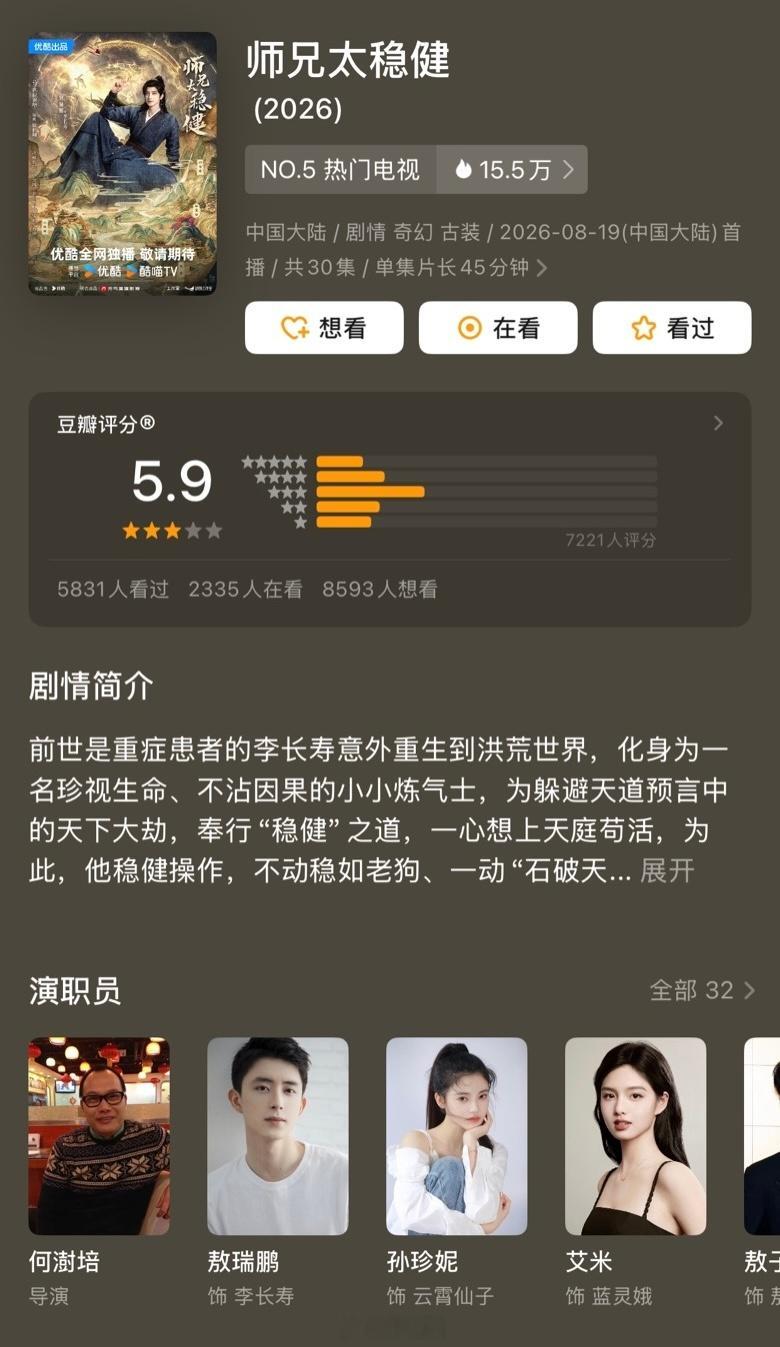 敖瑞鹏、孙珍妮《师兄太稳健》豆瓣开分5.9钟楚曦、吴镇宇《蝉》豆瓣开分6.1 ​