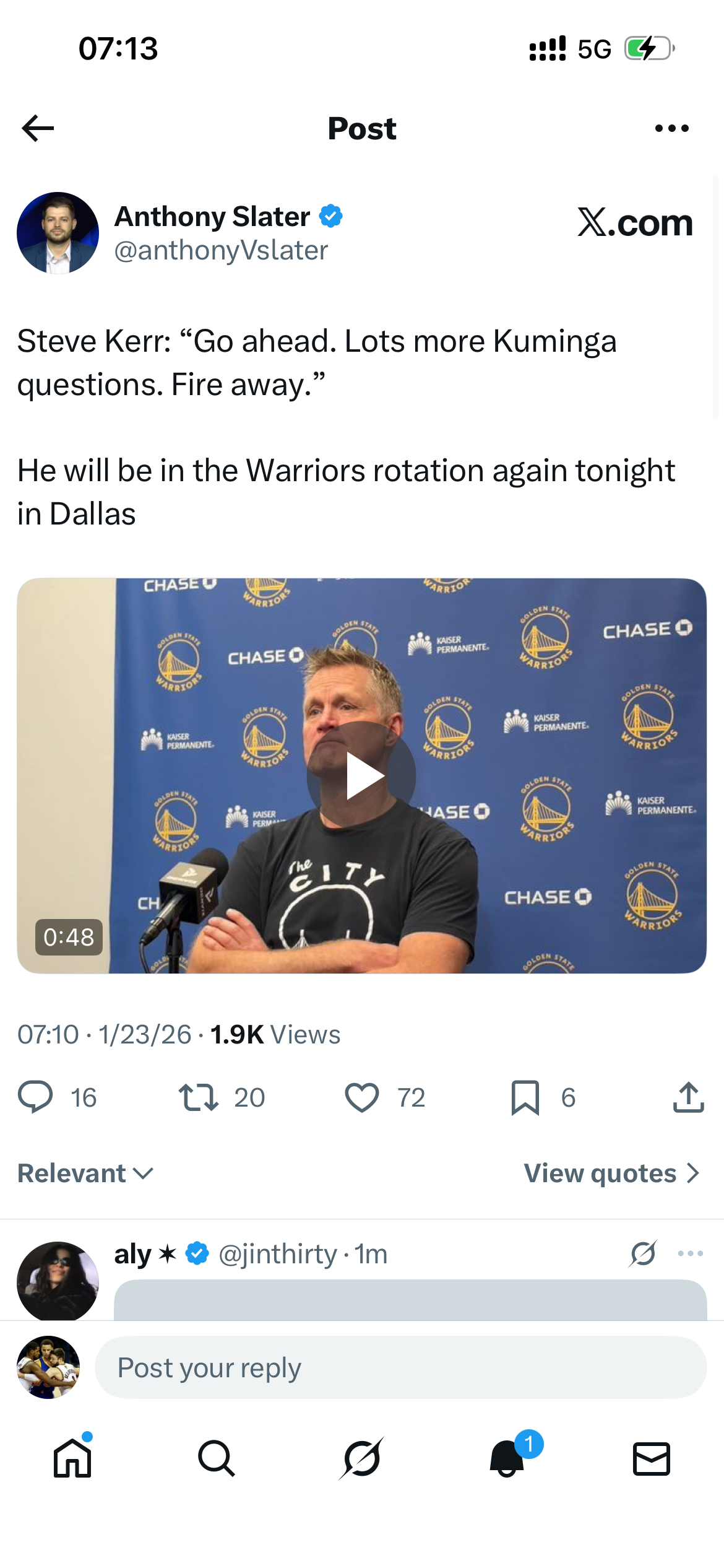 史蒂夫·科尔：“继续吧。关于库明加还有很多问题，尽管问吧。”今晚在达拉斯，他将再