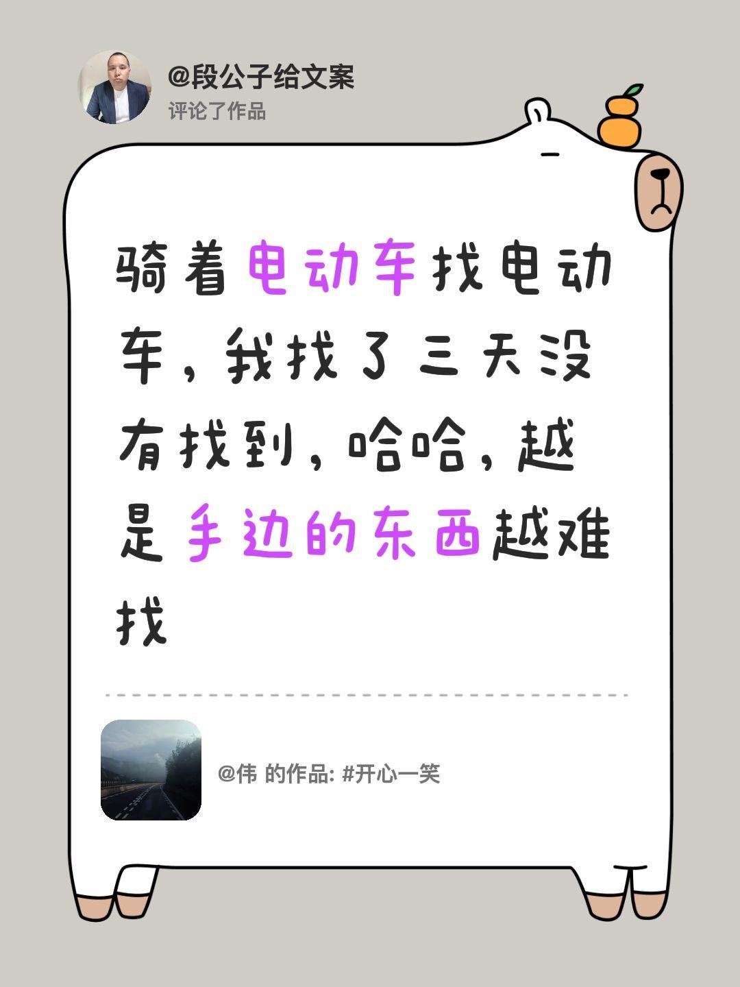 大家有没有这样的时候？我评论了@伟 的作品：
骑着电动车找电动车，我找了三天没有