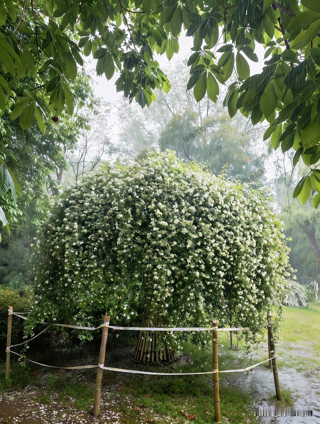 细雨中的木香花