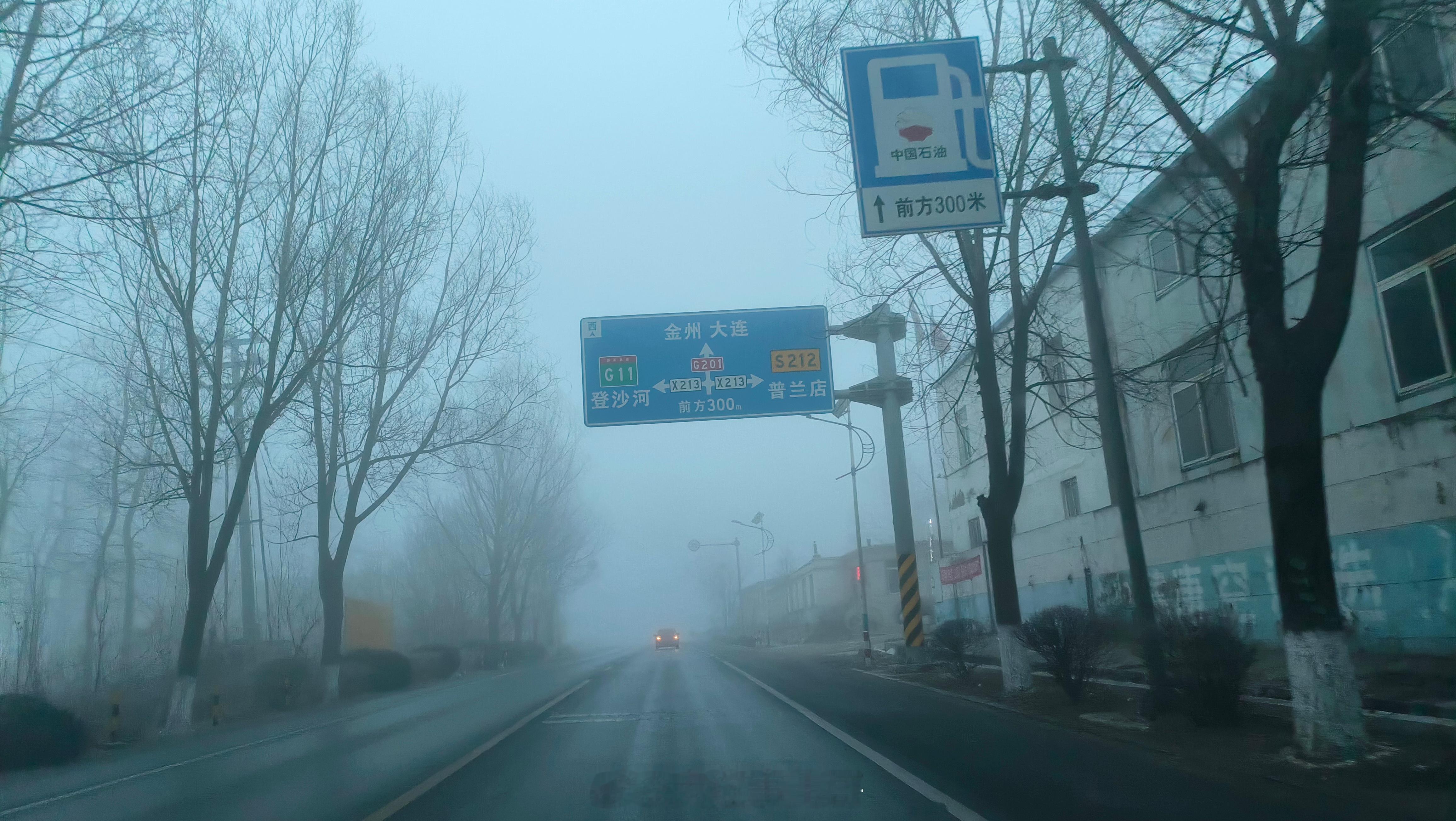 201国道，庄河至大连大雾，局部路段结冰。特别是金州转角房路牌西行结冰。 亮甲店