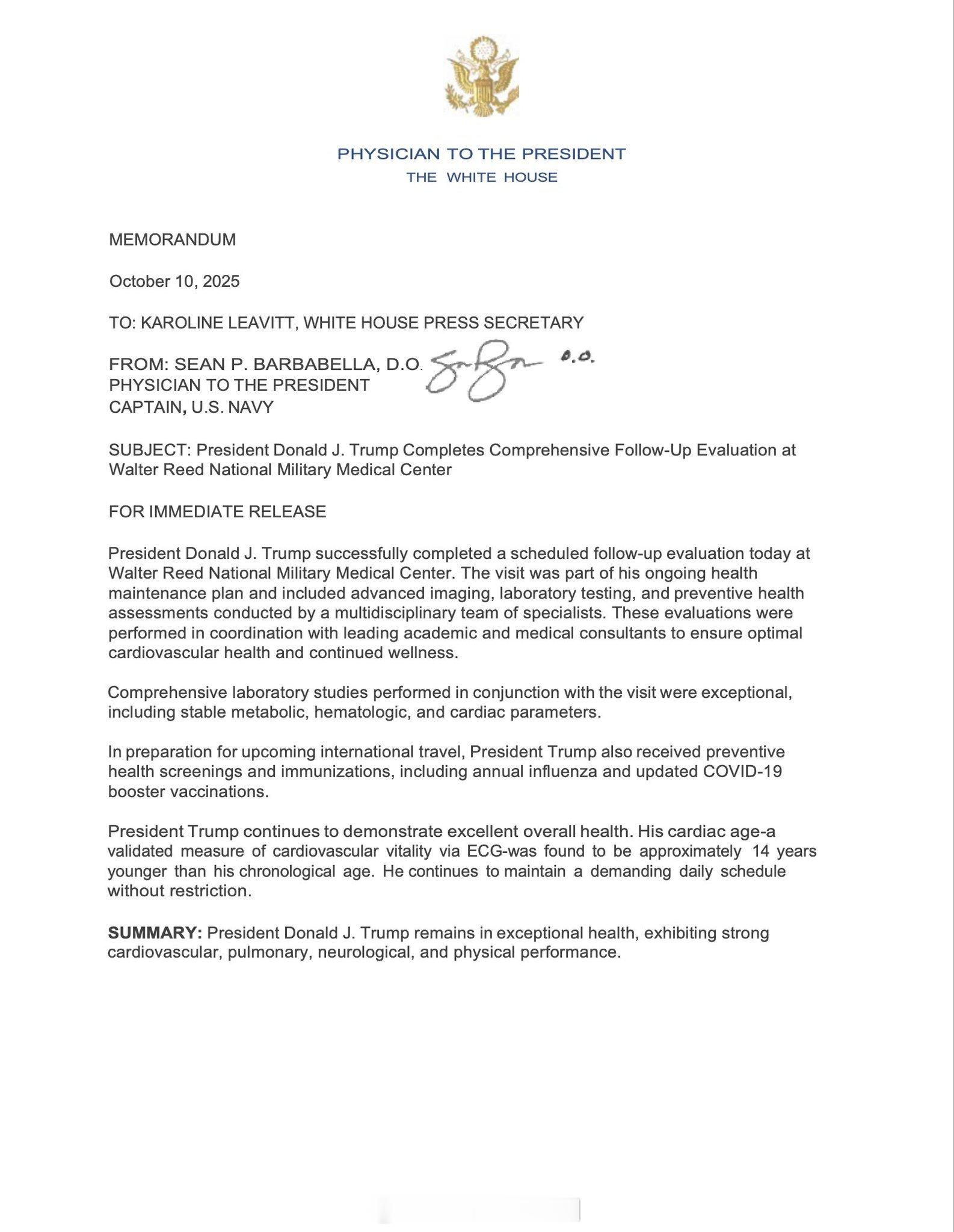 川普今天体检结果，总体来说：身体健康，心脏强健，肺功能良好，神经系统敏锐，体能状