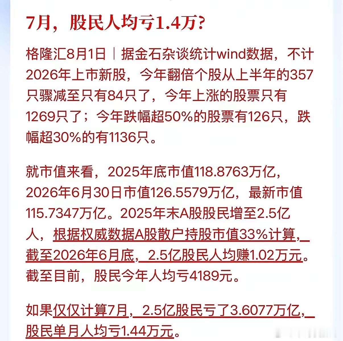 看看今年股市统计：一、不考虑7月份，今年上半年翻倍个股357只，考虑7月份，只有