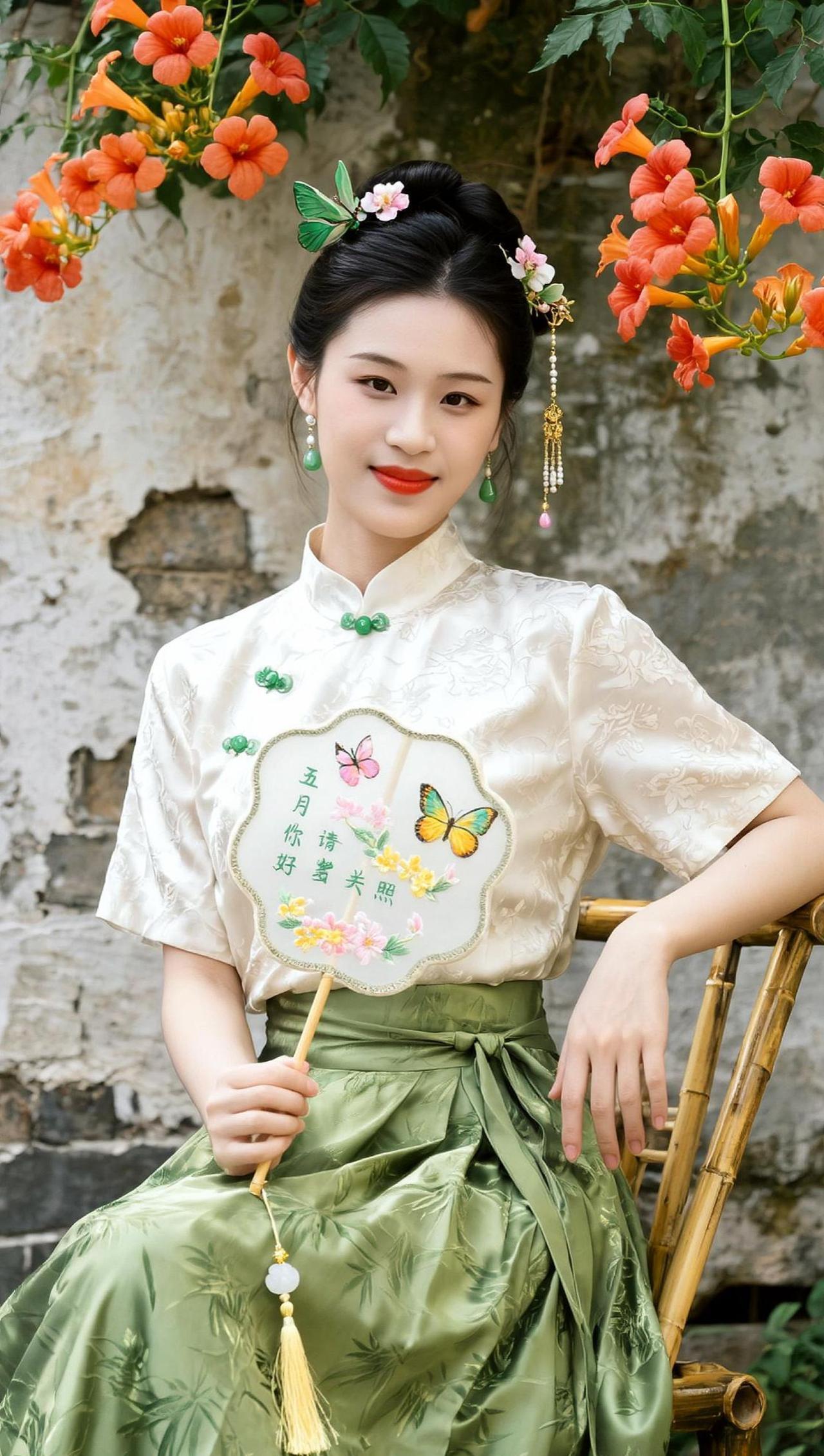在这片古色古香的庭院中，一袭传统服饰仿佛穿越时光而来。细腻的刺绣在阳光下闪烁，像