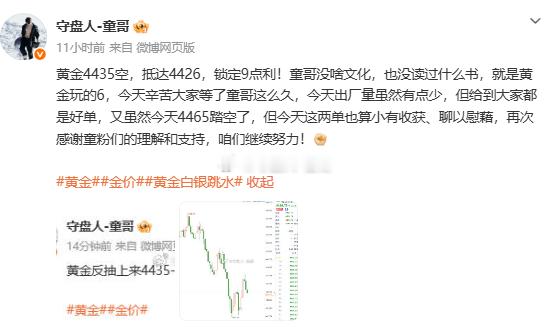 复盘：8月31日（周一）微博记录获150点！黄金4440空→ → → 4434平