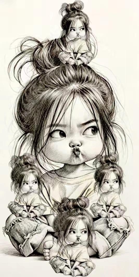 咦，朋友画的时候，要画7个丸子头萌娃，画完怎么变成5个了呢？另外2个在哪里呢？