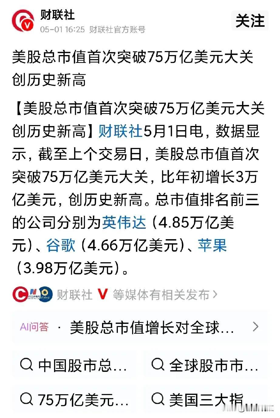 美股突破75万亿美元！
想想，美国对外发动战争，美股必然大涨，也许这就是它建国2