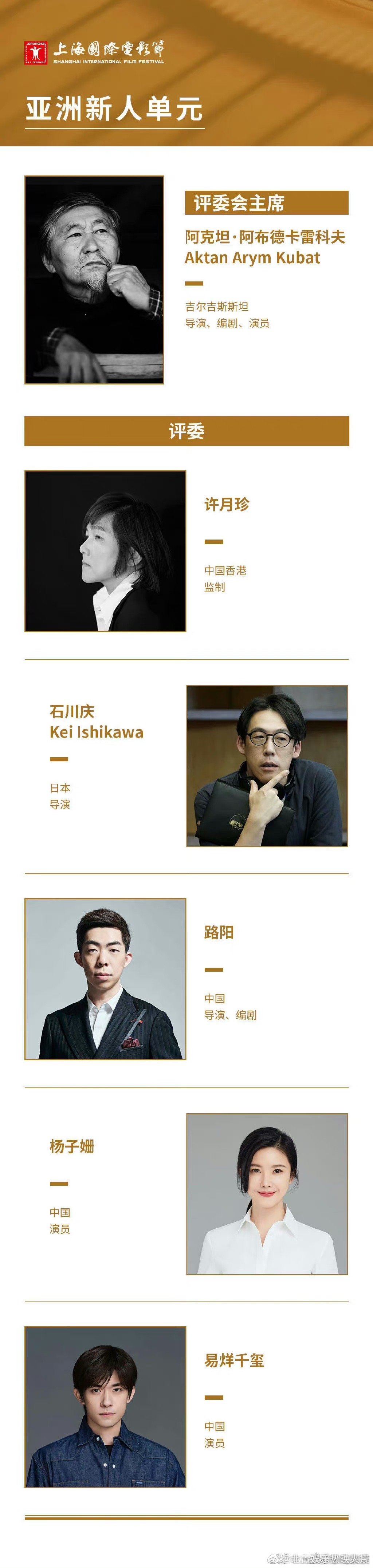 #易烊千玺金爵奖亚洲新人单元评委# 第25届上海国际电影节金爵奖评委会名单公布，