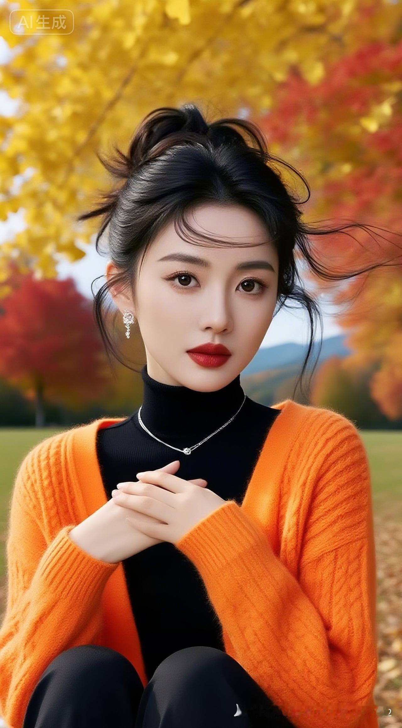 一个漂亮女孩在秋天的公园里坐着。